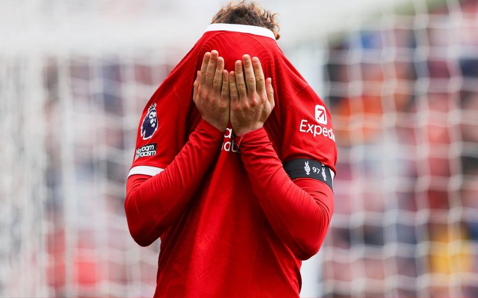 Curtis Jones of Liverpool looks dejected after a missed chance during the Premier League match between Liverpool FC and Crystal Palace at Anfield on April 14, 2024 in Liverpool, England