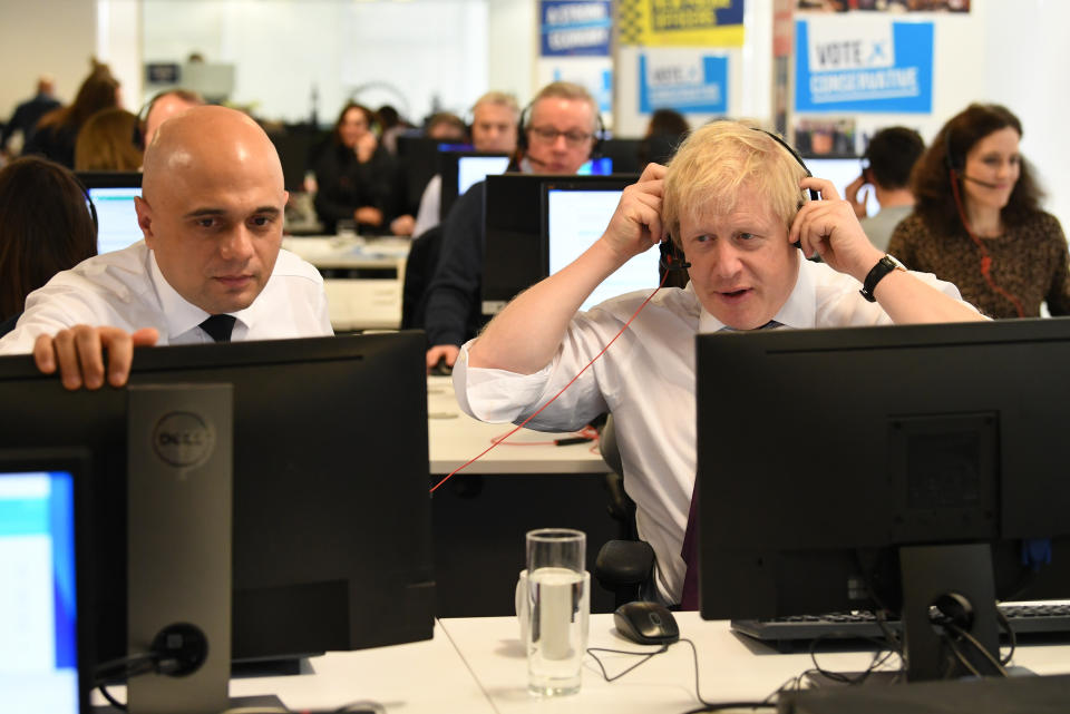 Prime Minister Boris Johnson and Chancellor Sajid Javid with other members of the Cabinet at Conservative Campaign Headquarters Call Centre, London, while on the election campaign trail.