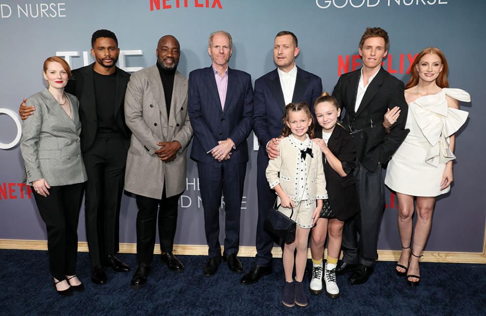 (L-R) Krysty Wilson-Cairns, Nnamdi Asomugha, Malik Yoba, Noah Emmerich, Tobias Lindholm, Devyn McDowell, Alex West Lefler, Eddie Redmayne and Jessica Chastain attends Netflix's "The Good Nurse" New York Screening at Paris Theater on October 18, 2022 in New York City.