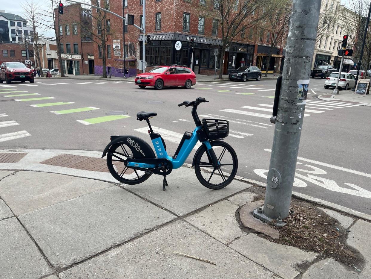 A properly parked Bird, as seen on May 1, 2024 at the corner of South Champlain and College streets in downtown Burlington.