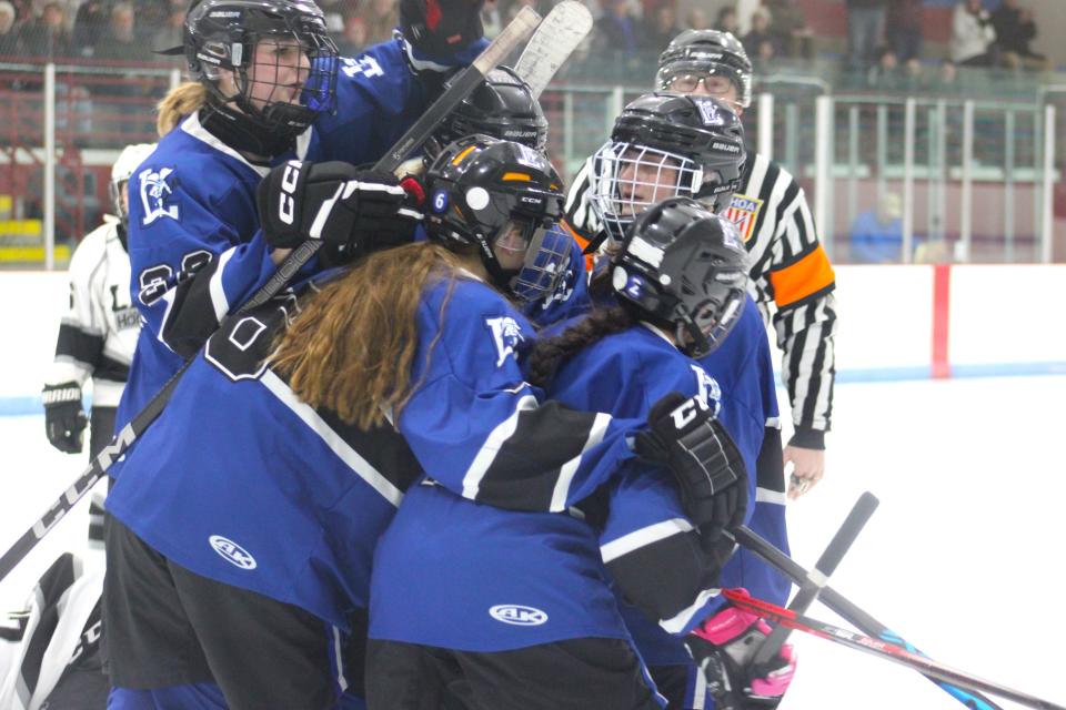 Leominster celebrates its 3-1 victory over Longmeadow in the Div. 2 Round of 32 on February 29, 2024.