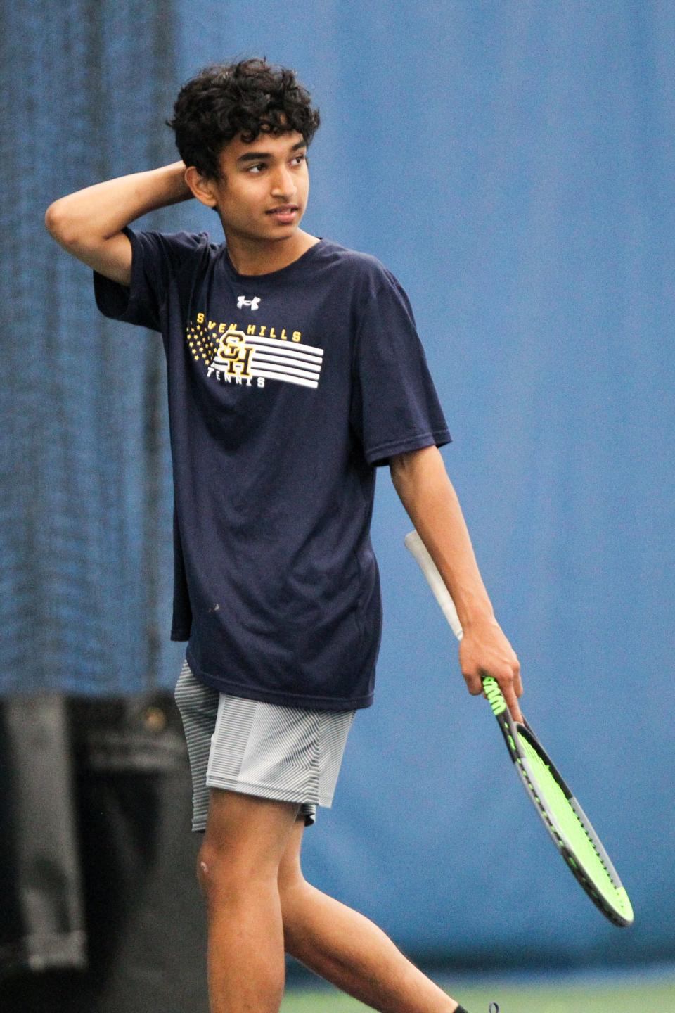 Seven Hills' Avi Mahajan plays at the 2022 OHSAA Boys Tennis State Tournament at the Five Seasons Family Sports Club in Cincinnati, Ohio on Friday May 27. 2022.