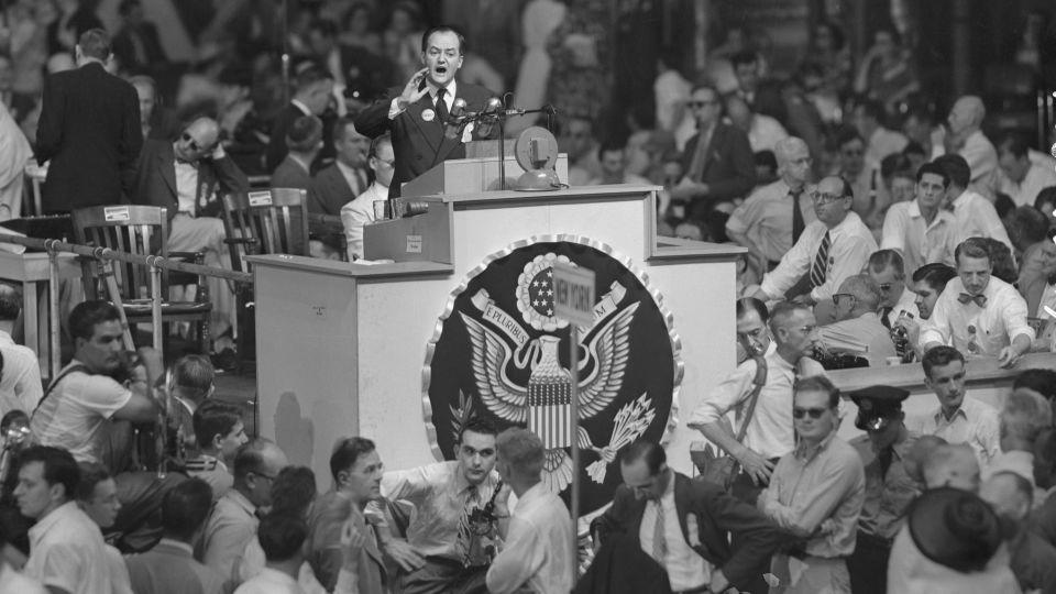 Mayor of Minneapolis Hubert H. Humphrey addressing the Democratic National Convention. Humphrey submitted a minority report urging the adoption of the civil rights plank in the Democratic platform. When the convention adopted the plank, part of the delegation from Alabama and all 22 of Mississippi's delegates walked out of the convention in protest of the adoption of the plank. - Bettmann Archive/Getty Images