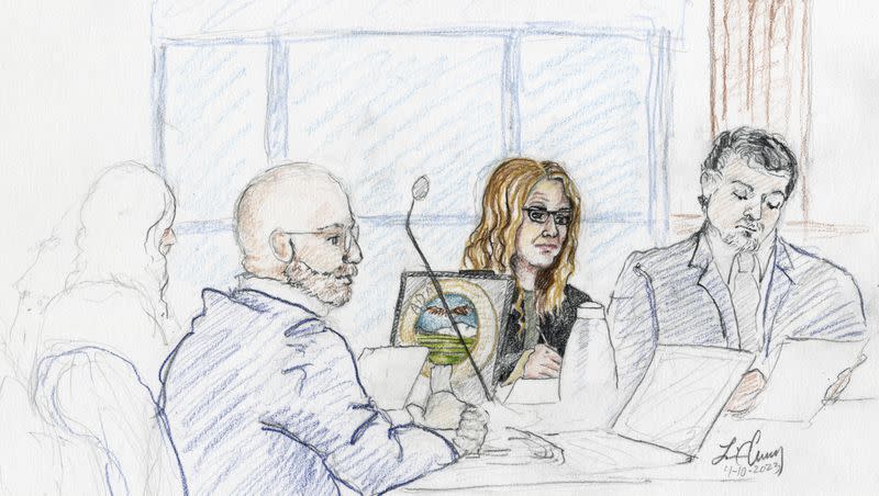 This courtroom sketch, from left, depicts Madison County prosecutor Rob Wood, Lori Vallow Daybell and defense attorney Jim Archibald during opening statements of Vallow Daybell’s murder trial in Boise, Idaho, Monday, April 10, 2023. Prosecutors have charged Vallow Daybell and her husband, Chad Daybell, with multiple counts of conspiracy, murder and grand theft in connection with the deaths of Vallow Daybell’s two children: Joshua “JJ” Vallow and Tylee Ryan. Both are also charged in connection with the death of Chad Daybell’s previous wife, Tammy Daybell.