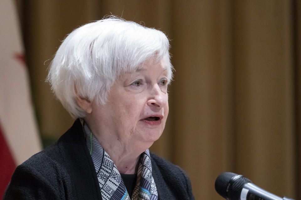 FILE - Treasury Secretary Janet Yellen speaks after touring the IRS New Carrolton Federal Building, Sept. 15, 2022, in Lanham, Md. Yellen made her reputation as a Federal Reserve chair who helped steer the U.S. into the longest expansion in its history; now, she’s trying to use global energy markets as a vise to stop a war and keep oil prices from rushing upward this winter. (AP Photo/Alex Brandon, File)