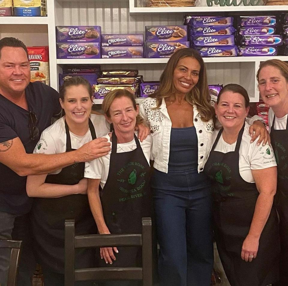 Bravo meets The Gracie Rose: From left, to right: Paul O’Connell, Emma Charlton Gilheany, Bernie Foley Fitzgerald, Dolores Catania, Tara Tonner McDonald, and Tina Segatta Murphy. The Pearl River Irish tea shop catered the last season of "The Real Housewives of New Jersey."