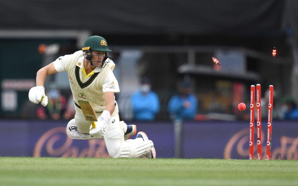 Marnus Labuschagne of Australia is clean bowled by Stuart Broad - DARREN ENGLAND/EPA-EFE/Shutterstock