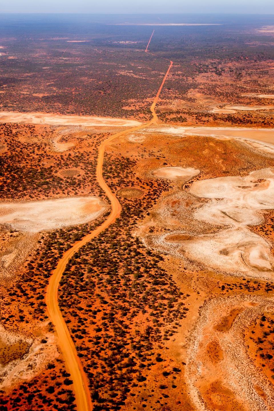 <p>Nothing but desert and trees surround this dirt road running across the Australian bush.</p>