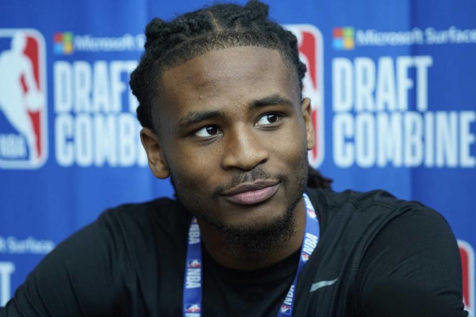 Kentucky’s Cason Wallace talks to the media in May during the 2023 NBA Draft Combine at Wintrust Arena in Chicago. David Banks/USA Today Sports