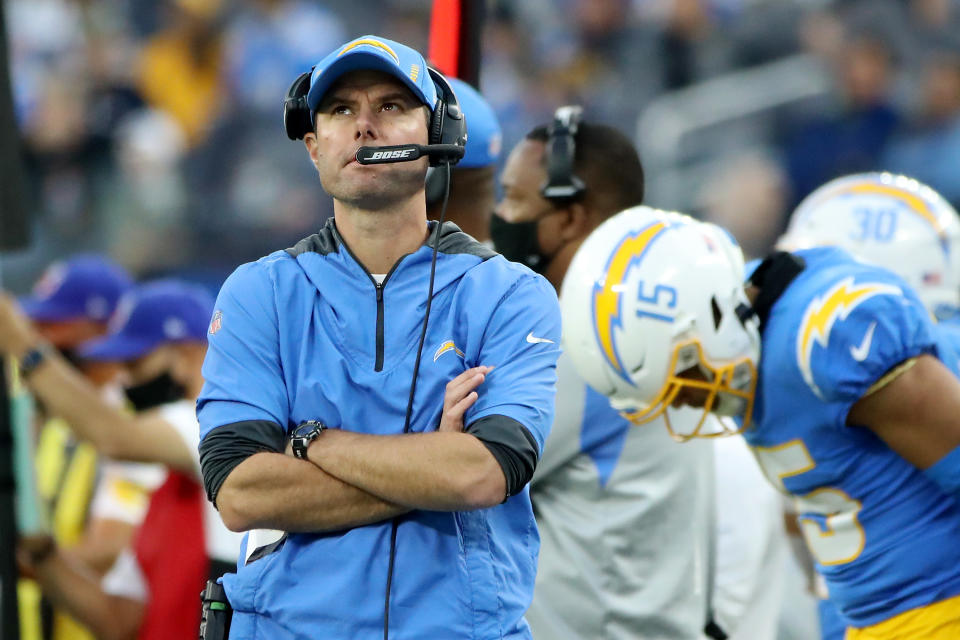 Chargers coach Brandon Staley made a controversial fourth-down decision on Sunday. (Photo by Katelyn Mulcahy/Getty Images)