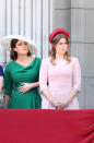 Princess Eugenie chose a green asymmetric Osman dress with a striking Bee Smith ‘Leaf Brim’ hat, while her older sister Princess Beatrice complemented her in a pale pink dress from The Fold with a red Sally Ann Povran ‘Lala’ pillbox hat. (PA Images)