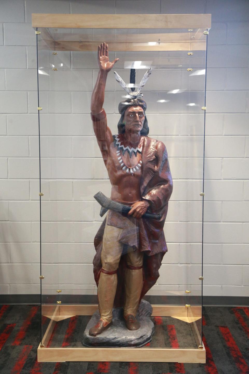 The statue of Chief Pontiac has been restored and is on display inside the media center at H.V. Jenkins.