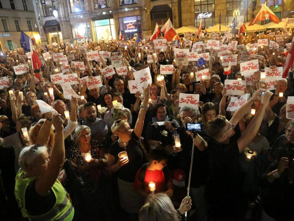 People protest against the Supreme Court legislation in Wroclaw, Poland (Agencja Gazeta/Mieczyslaw Michalak via Reuters)