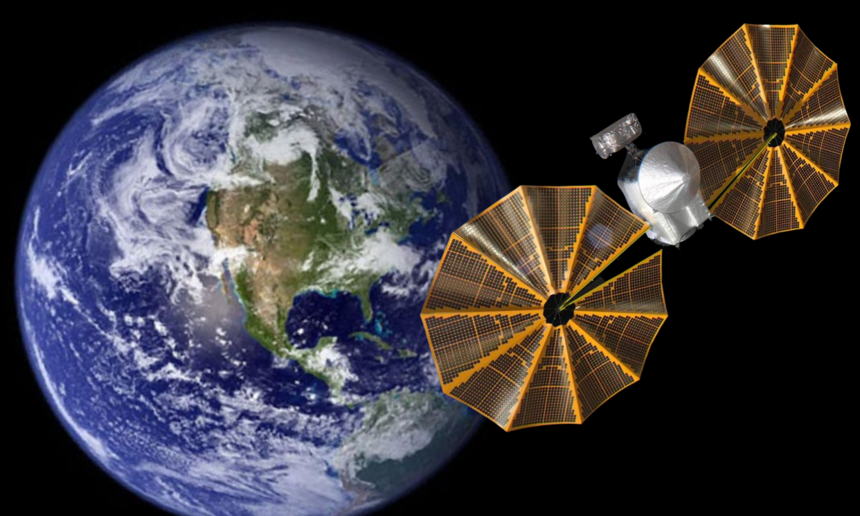  An illustration shows the Lucy spacecraft as it heads back to Earth for a gravity assist in late 2024. 