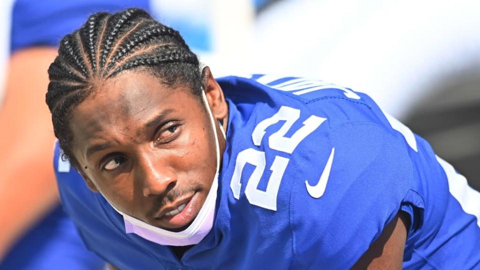 Adoree&#39; Jackson close-up on Giants bench in full uniform