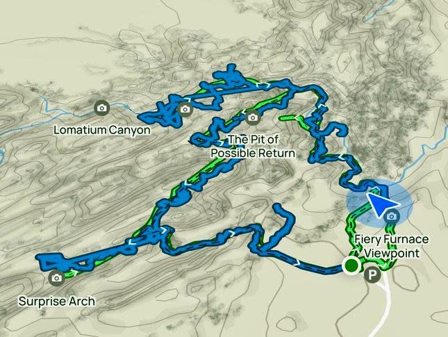 A map of a hiking route in Fiery Furnace.