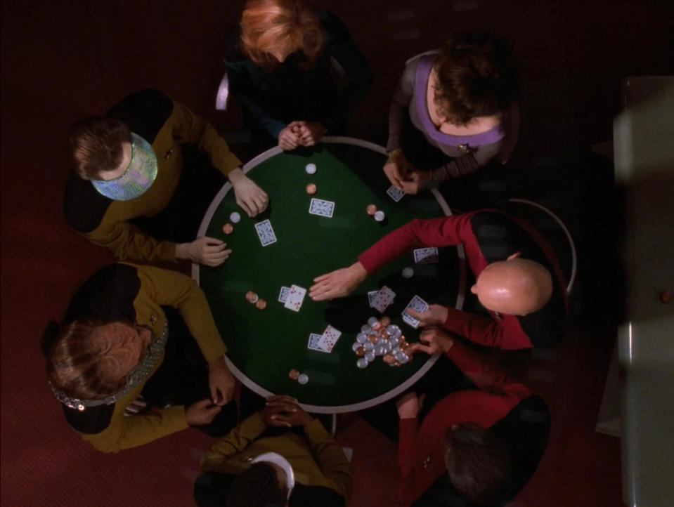The senior staff of the Enterprise-D play poker in the final shot of Star Trek: The Next Generation.