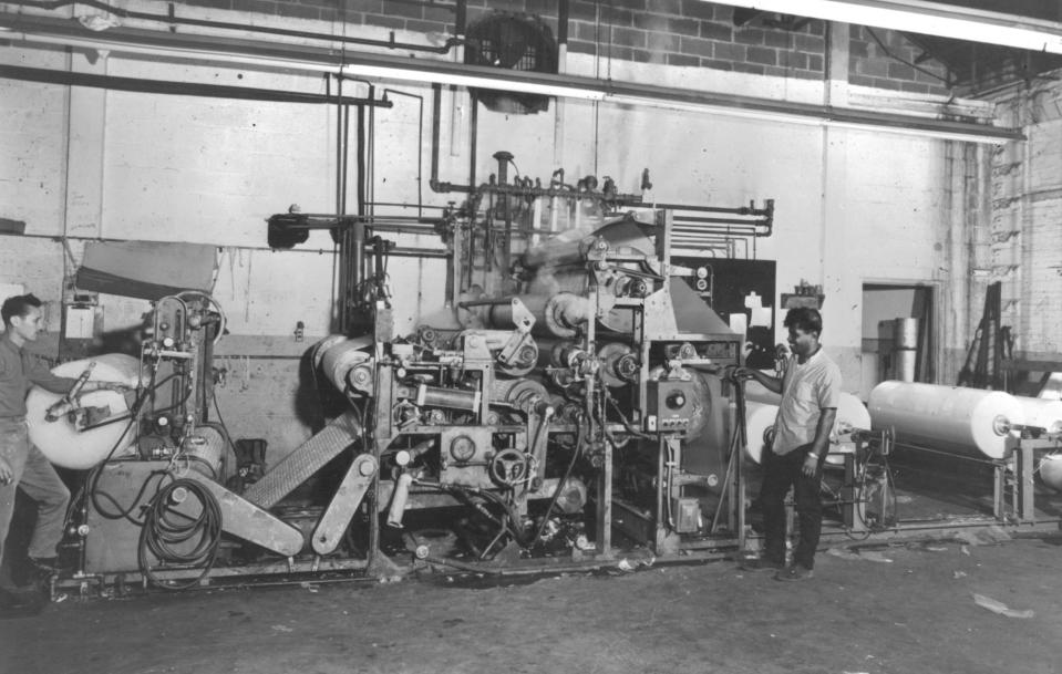 This undated photo shows the process machinists followed to make Bubble Wrap.