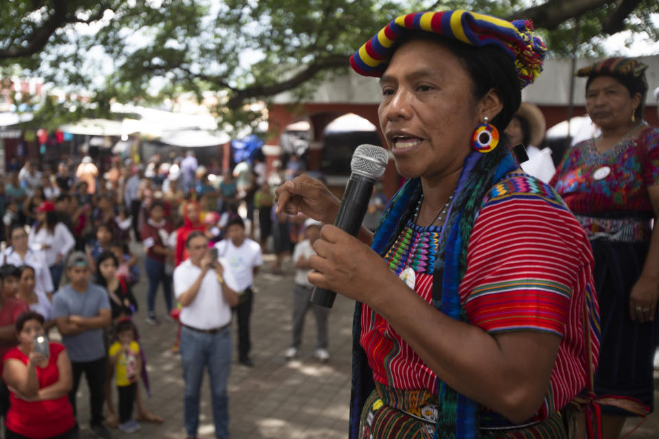 FILE - In this June 12, 2019, file photo, Thelma Cabrera, presidential candidate of the Movement for the Liberation of the People, MLP, delivers a speech during a rally in Palin, Guatemala. The Central American country will hold general elections on June 16. (AP Photo/Moises Castillo, File)