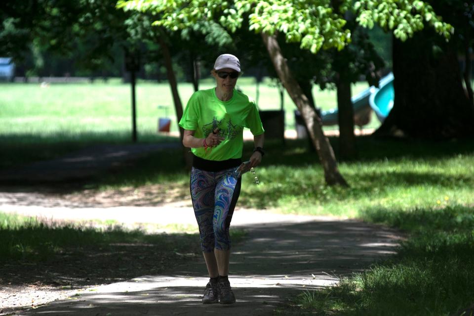 Kristine Longshore of Doylestown, 54, participates in orienteering as a part of Bucks County Senior Games at Tyler State Park in Newtown on Tuesday, June 14, 2022.