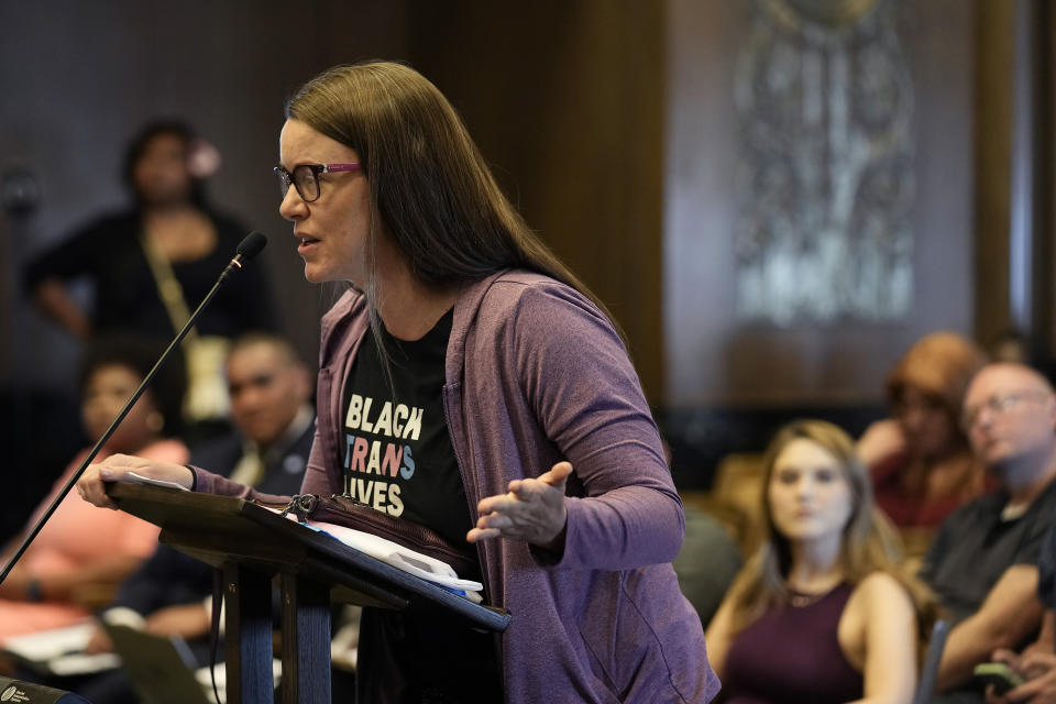 Dr. Molly Uhlenhake speaks in favor of a resolution that would make Kansas City, Mo, a sanctuary city for transgender people during a committee meeting to consider the resolution, Wednesday, May 10, 2023, in Kansas City, Mo. The move comes in the wake of Missouri legislators voting to ban gender-affirming care and trans athletes. (AP Photo/Charlie Riedel)