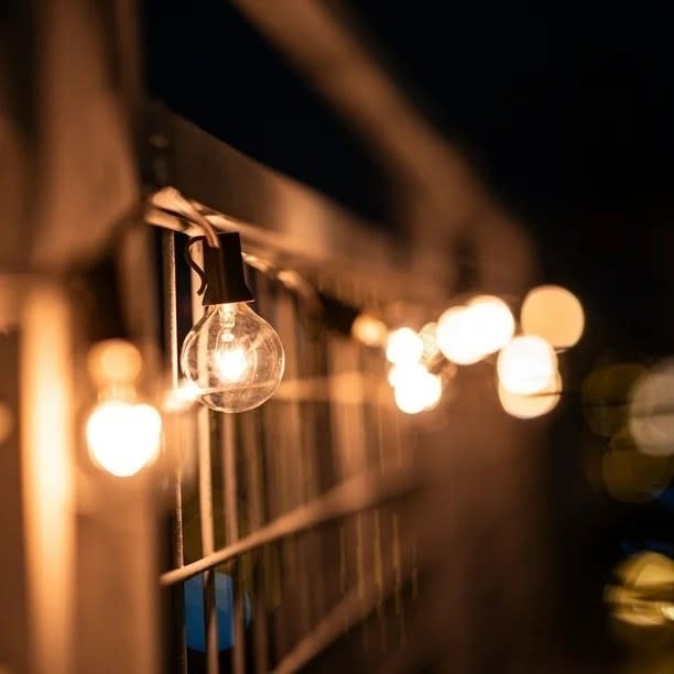 Close-up view of glowing string lights hung on a fence