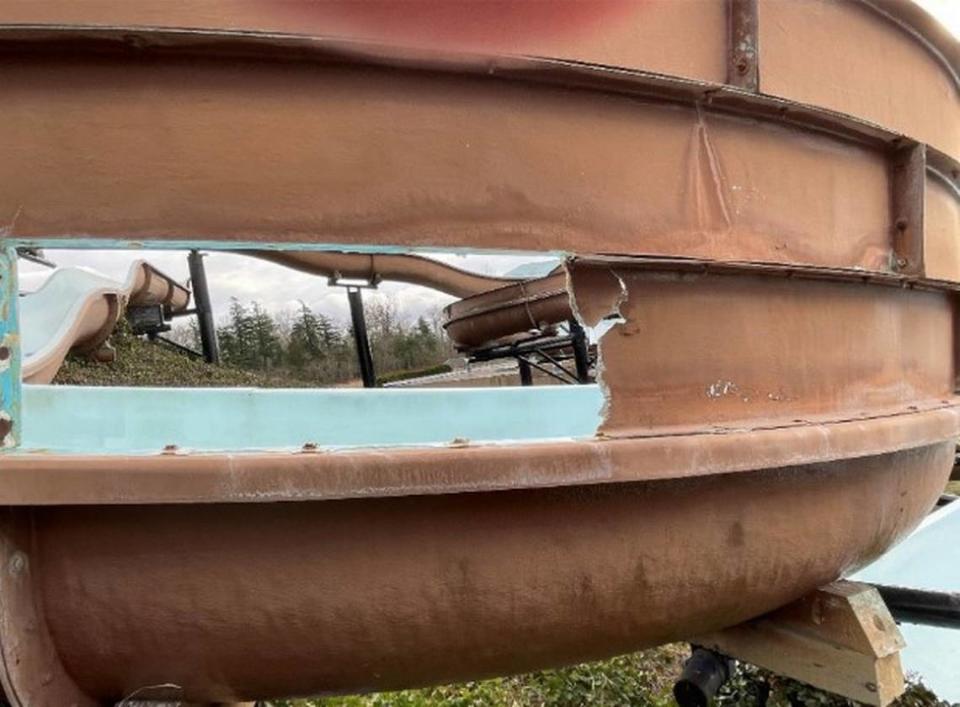 A photo from a Feb. 29, 2024, inspection report shows the damaged section of the Birch Bay Waterslides were the man was injured crtiically on Aug. 25, 2023.