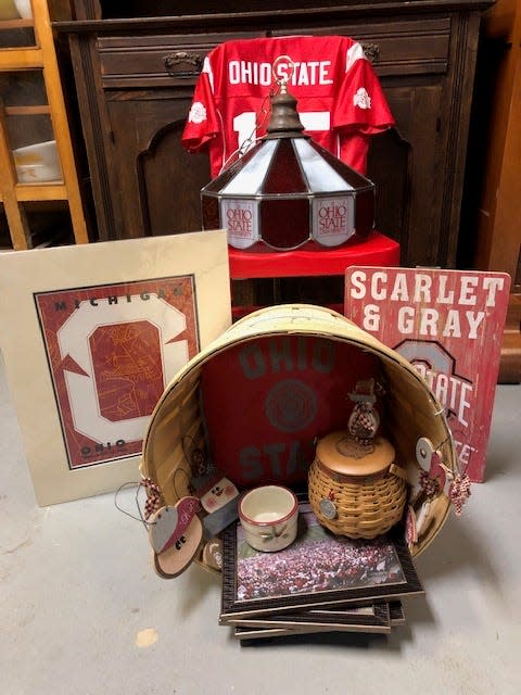 A collection of Ohio State University items from National Road Flea Market for Eastside Community Ministry's annual CHAIR-ity auction.