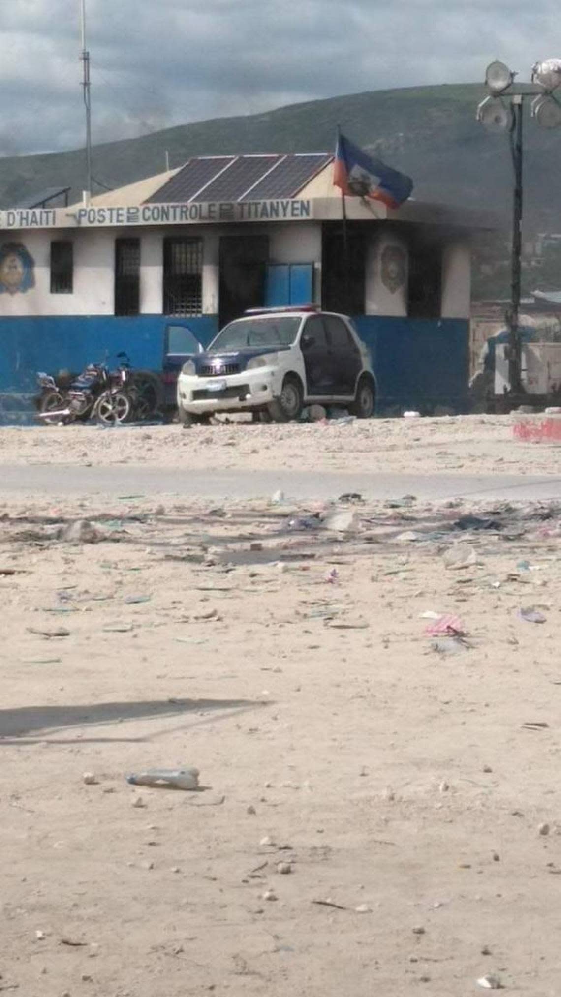 This photo of a burned police station in Titanyen is  circulating on social media platforms in Haiti, demonstrating the apparent work of gang members who set fire to the station when police left to go respond to a prison break at the female prison in Cabaret on Thursday, Sept. 22, 2022. 