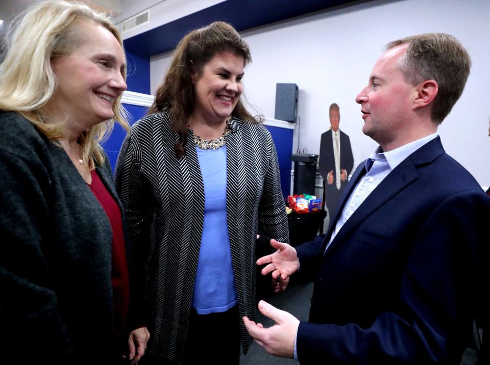 Tennessee House of Representatives Dist. 13 winner Robert Stevens, right talks with Tennessee Senate Dist.13 Winner Dawn White and Rutherford County School Board Member Claire Maxwell, left, on Tuesday, Nov. 8, 2022, at the Republican Headquarters off the Square in Murfreesboro after the two were declared the winner of their races. 