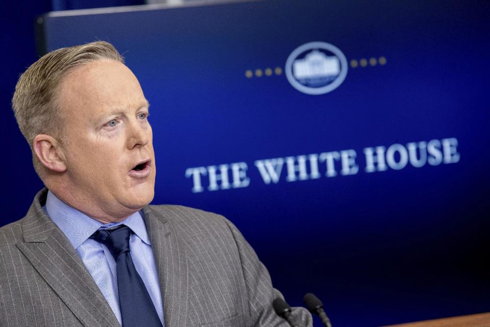 White House press secretary Sean Spicer speaks in the press briefing room at the White House, Saturday, Jan. 21, 2017, in Washington. (AP Photo/Andrew Harnik)