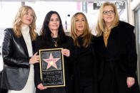 <p>Actors Courteney Cox, Jennifer Aniston, Laura Dern and Lisa Kudrow pose during Cox's star unveiling ceremony on the Hollywood Walk of Fame in Los Angeles, California, U.S., February 27, 2023. REUTERS/Mario Anzuoni</p> 