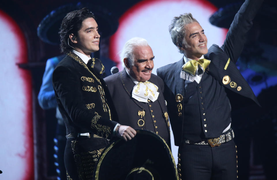 LAS VEGAS, NEVADA - NOVEMBER 14: Alex Fernández, Vicente Fernandez and Alejandro Fernández onstage during the 20th Annual Latin GRAMMY Awards held at MGM Grand Garden Arena on November 14, 2019 in Las Vegas, Nevada. (Photo by Michael Tran/FilmMagic)