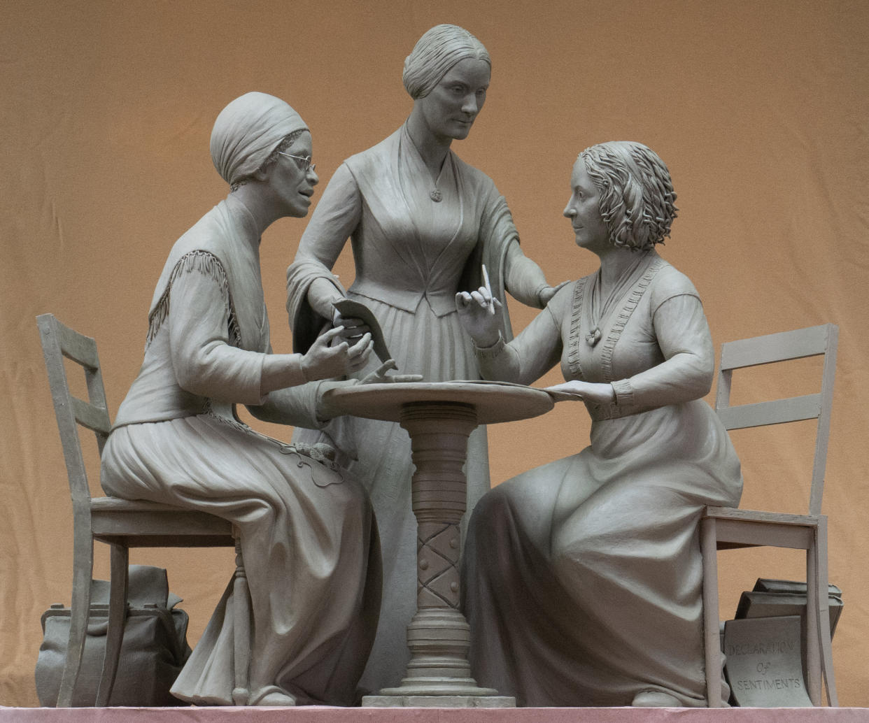 A 3-foot clay model of the Women's Rights Pioneers Monument, a statue of suffragists Sojourner Truth (L) Susan B. Anthony (M), and Elizabeth Cady Stanton (R). The statue will be unveiled in New York City's Central Park on August 26, 2020. (Photo: Michael Bergmann)