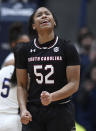 South Carolina's Tyasha Harris reacts after throwing a pass out of bounds during the second half of an NCAA college basketball game against Connecticut, Monday, Feb. 11, 2019, in Hartford, Conn. (AP Photo/Jessica Hill)