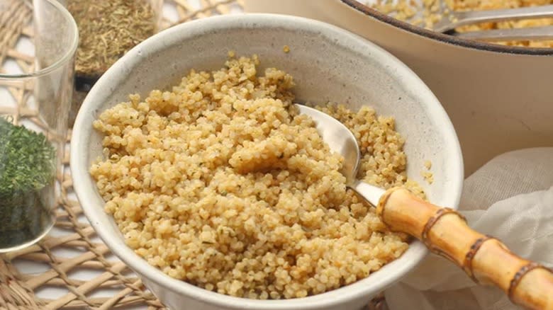 cooked quinoa in white bowl