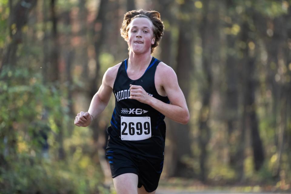 Middletown’s Jonas Rush runs to a fourth place in the DIAA 2022 Cross Country Boy’s Division I Championship at Killens Pond State Park in Felton, Del.