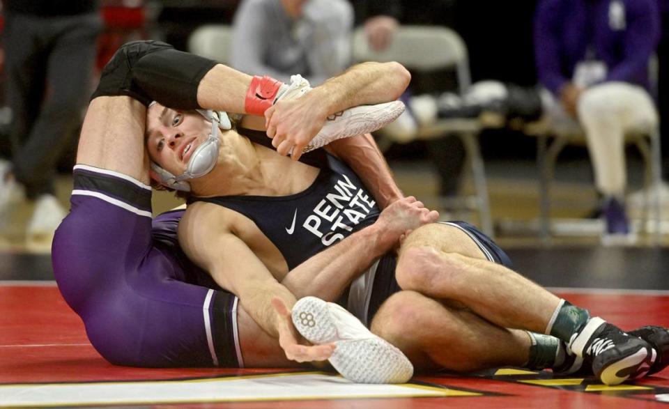 Penn State’s Levi Haines wrestles Northwestern’s Trevor Chumbley in a 157 lb quarterfinal match of the Big Ten Wresting Championships at the Xfinity Center at the University of Maryland on Saturday, March 9, 2024. Abby Drey/adrey@centredaily.com