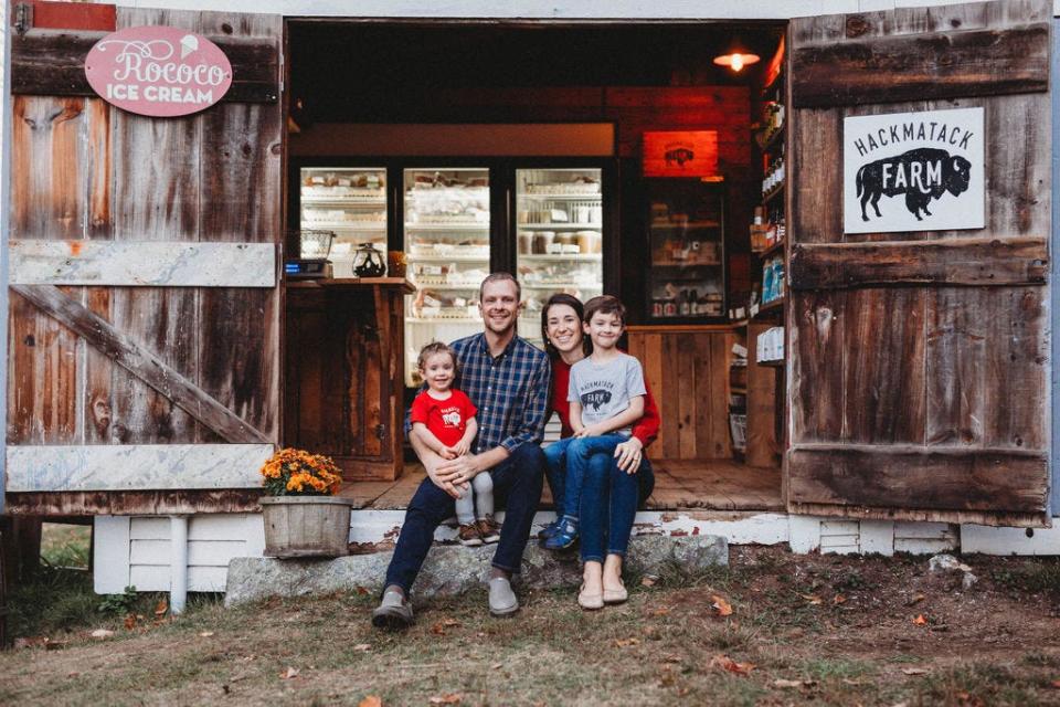 The Guptills - Conor, Shelby, Lewis, 8 and Josephine, 3, sit in front the Hackmatack Farm store, which is open 9 a.m. to 3 p.m. Saturdays and Sunday.