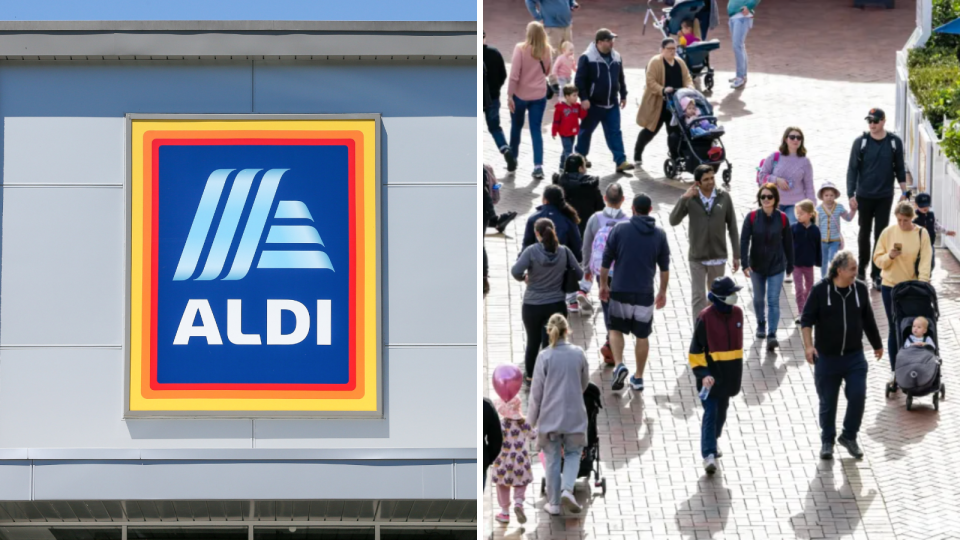 Aldi logo. People walking.