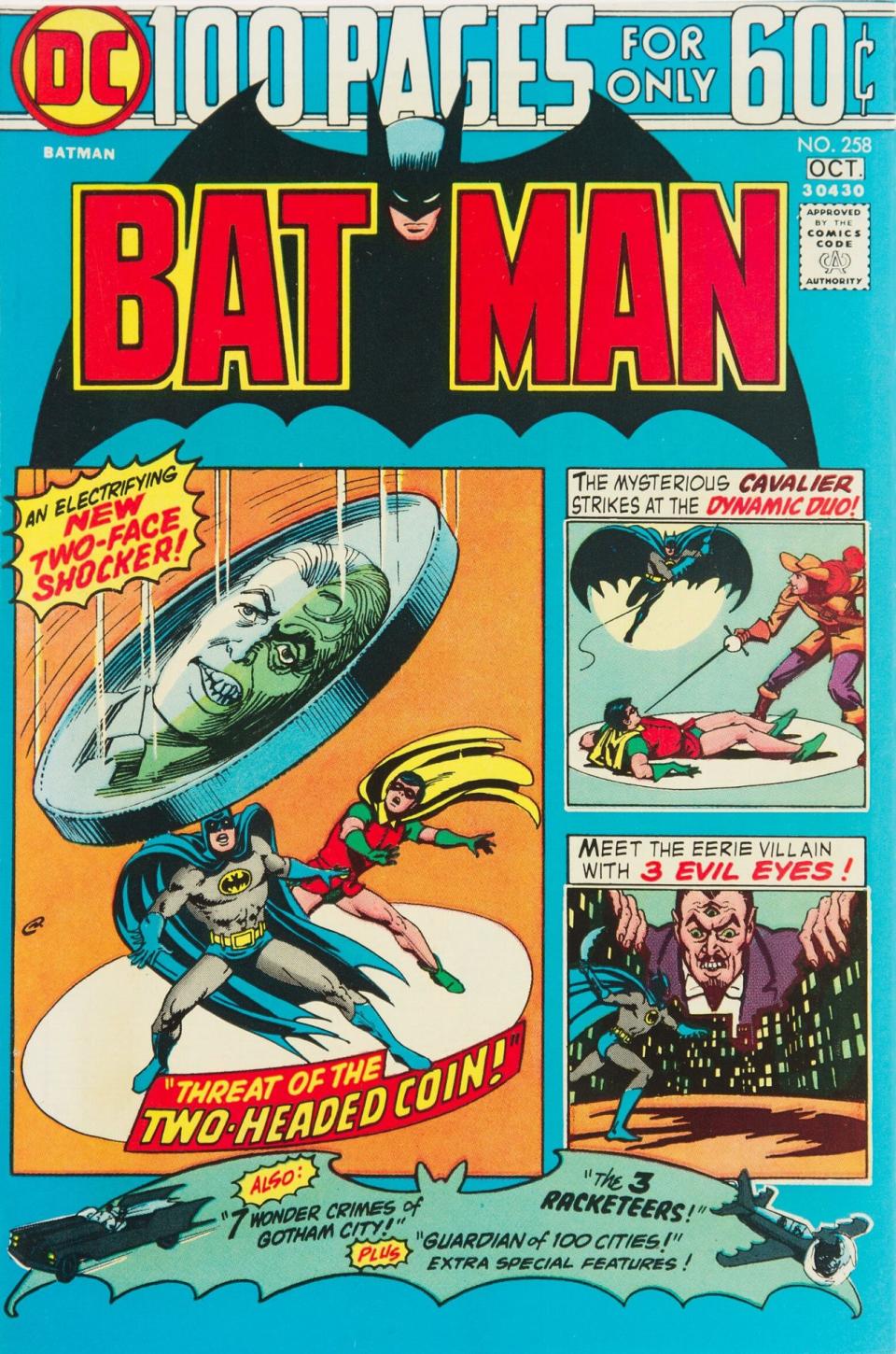The cover for Batman #258 shows Batman and Robin being crushed by a giant Two Face coin