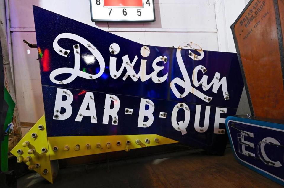 A neon sign for Dixie Lan Bar-B-Que is stored at Element Ten, a neon studio on Troost Avenue. The sign was brought to the studio about five years ago by the city after hanging in the Historic 18th and Vine Jazz District for nearly 70 years.