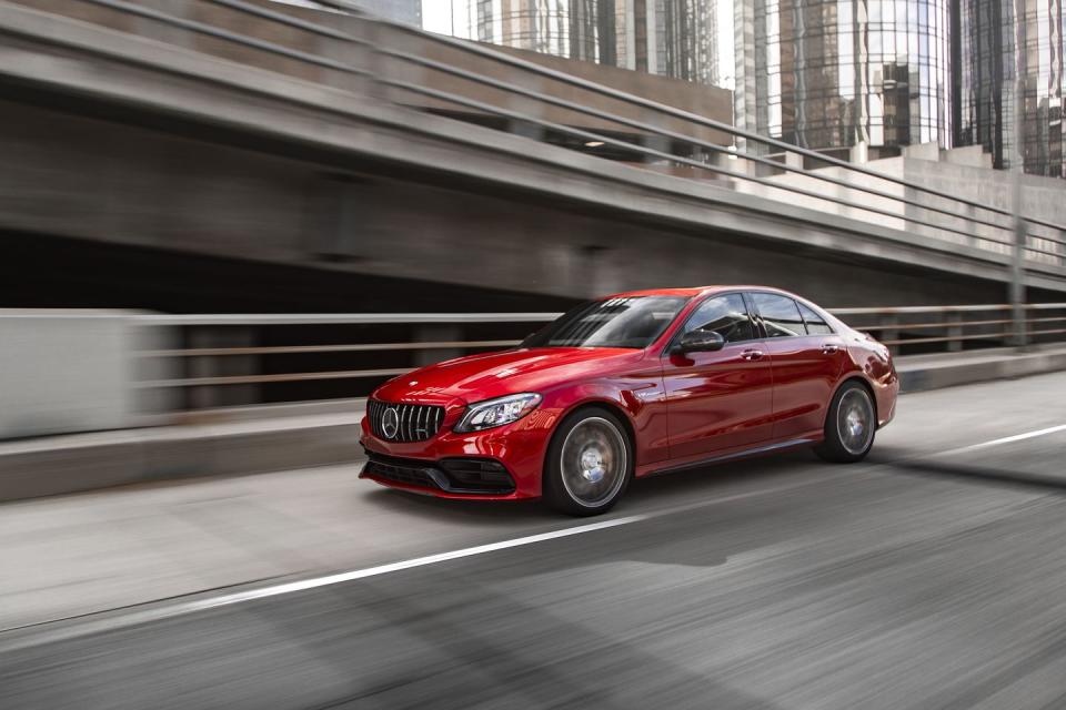 <p>Mercedes's <a href="https://www.roadandtrack.com/new-cars/first-drives/news/a25100/first-drive-2015-mercedes-amg-c63/" rel="nofollow noopener" target="_blank" data-ylk="slk:ultimate C-Class;elm:context_link;itc:0;sec:content-canvas" class="link ">ultimate C-Class</a> just barely made it on the list with 503-hp from its twin-turbo 4.0-liter V-8. It costs more than all of its rivals, save the Alfa, but it's the most luxurious car on this list. And that V-8 is a monster.</p>