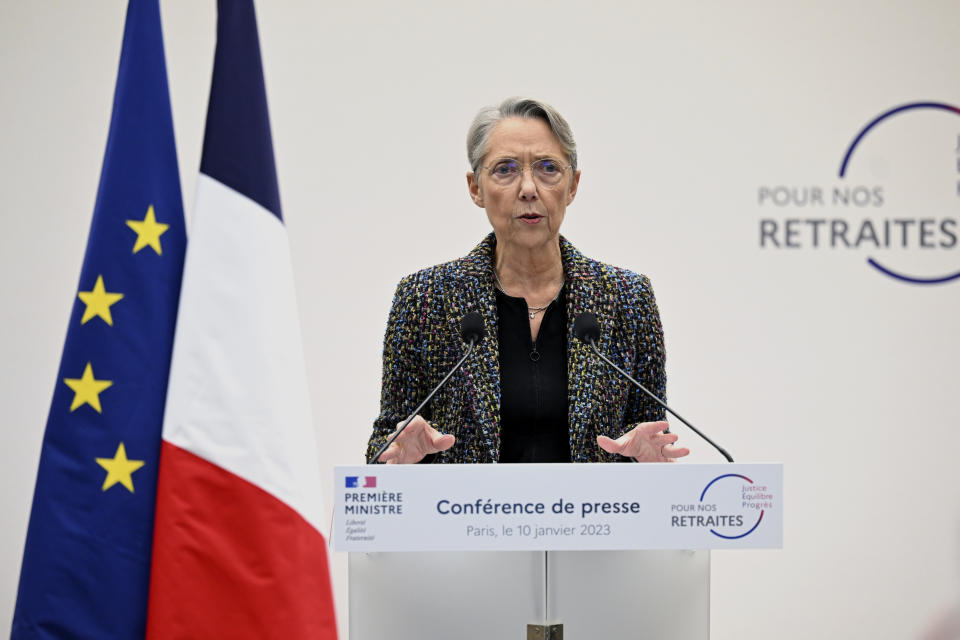 French Prime Minister Elisabeth Borne delivers her speech during a press conference in Paris, Tuesday, Jan. 10, 2023. Borne is unveiling a highly sensitive pension overhaul aimed at pushing up the retirement age. It has already prompted vigorous criticism and calls for protests from leftist opponents and worker unions. (Bertrand Guay, Pool via AP)