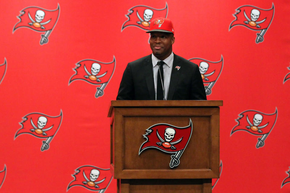 Jameis Winston at his introductory news conference after the Tampa Bay Buccaneers selected him with the first overall pick in the 2015 NFL draft. (Photo by Cliff Welch/Icon Sportswire/Corbis/Icon Sportswire via Getty Images)