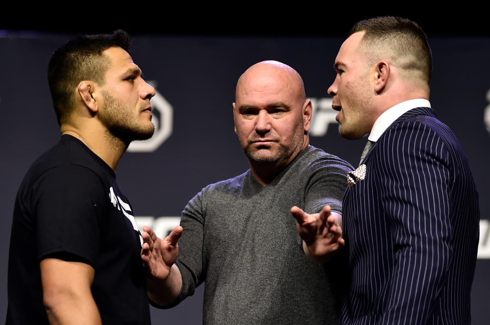 Rafael dos Anjos (L) and Colby Covington face off inside Barclays Center on April 6, 2018 in Brooklyn, New York. (Getty Images)