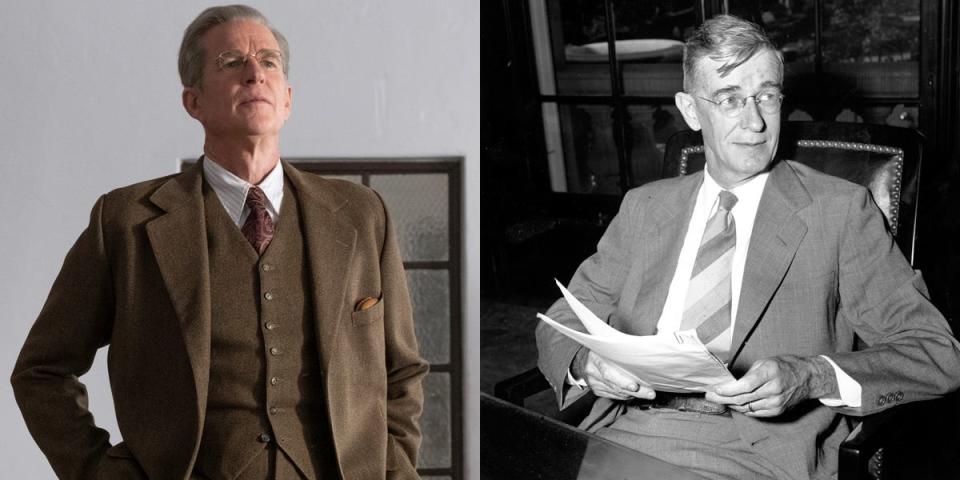 Side by side of Matthew Modine as Dr. Vannevar Bush in "Oppenheimer" next to a photograph of Bush in Washington, DC on August 5, 1941.