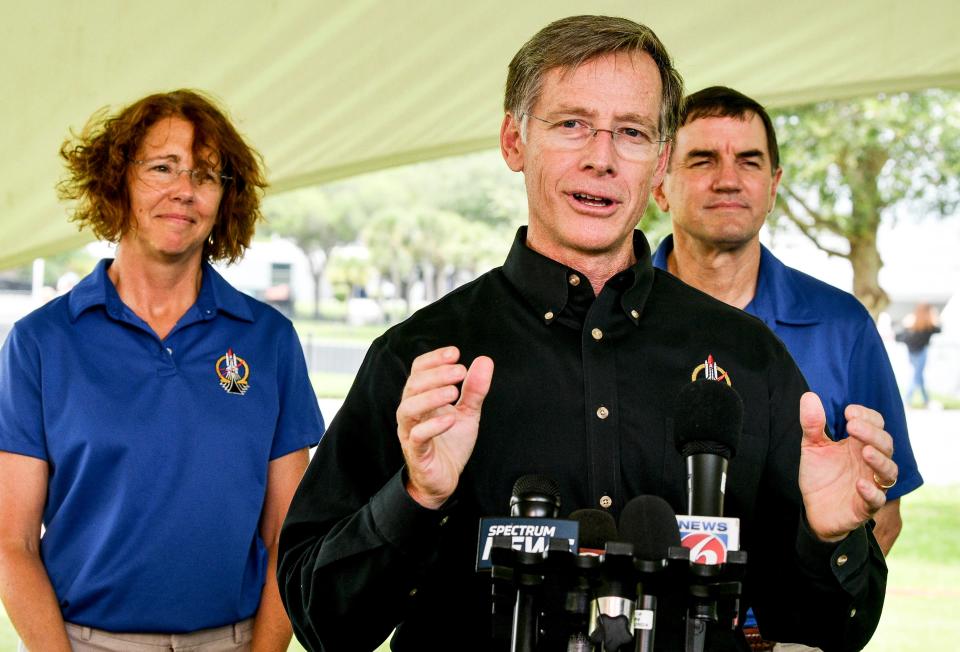 Sandy Magnus and Chris Ferguson, part of the crew of STS-135 aboard space shuttle Atlantis, speak of their experiences at Kennedy Space Center Visitor Complex Thursday July 8, 2021. This is the 10th anniversary of Atlantis' last flight. Craig Bailey/FLORIDA TODAY via USA TODAY NETWORK