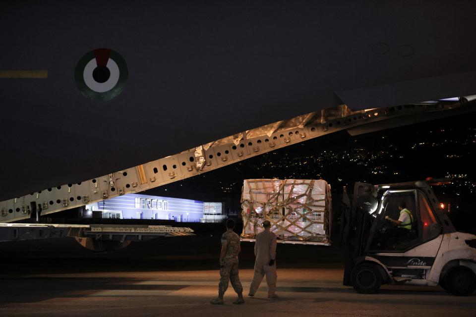 Palettes of aid for Lebanon delivered by United Arab Emirates amid cross-border hostilities between Hezbollah and Israel (REUTERS)