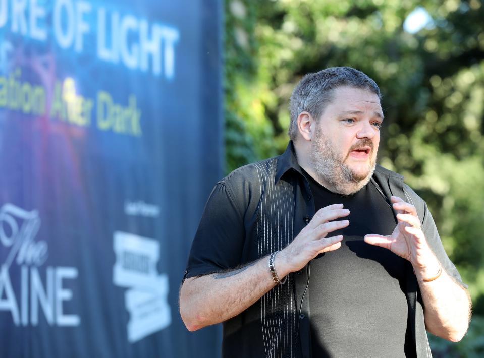 Lightswitch founder John Featherstone discusses "The Nature of Light: An Exploration After Dark" Thursday during a media preview event at The Paine Art Center and Gardens, 1410 Algoma Blvd. Lightswitch is an international lighting design studio.